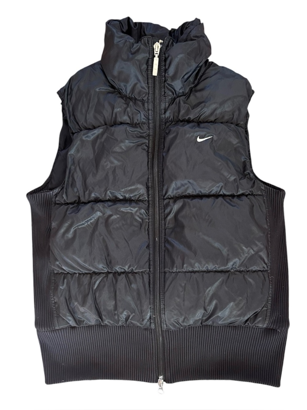 Nike | Youth Black Zip Front Mock Collar Down Puffer Vest Ribbed Side Panels/Hem